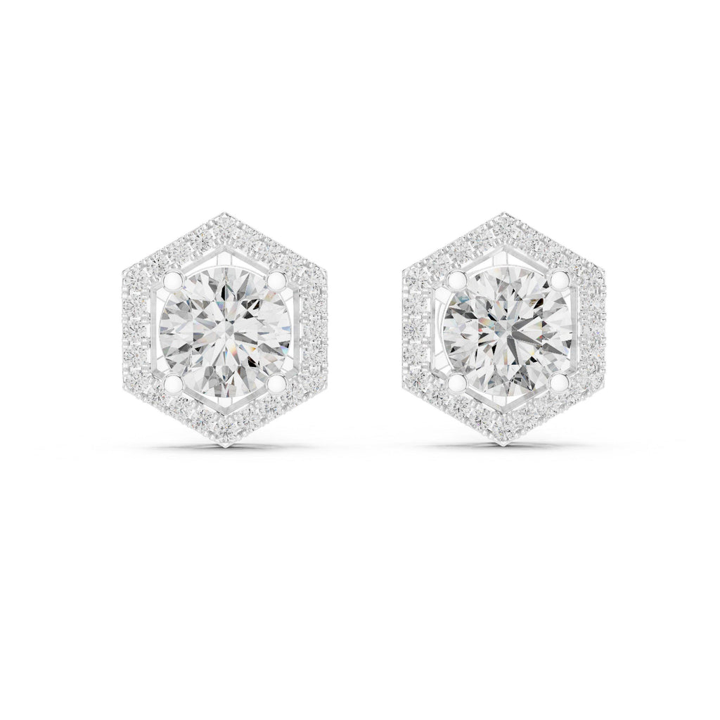 Round Moissanite Hexagon Halo Stud Earrings – 925 Sterling Silver, 18K Gold Vermeil