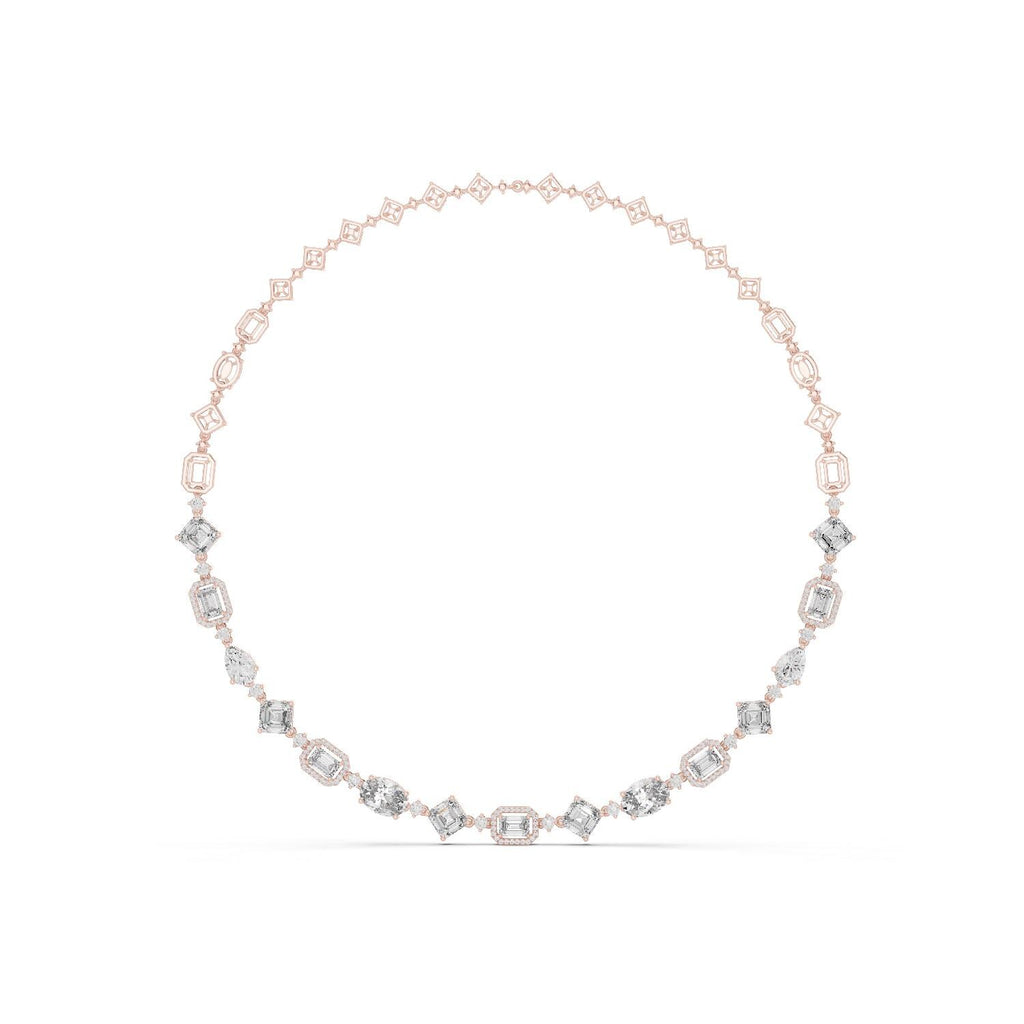 Mixed-Cut Moissanite Halo Station Necklace – 925 Sterling Silver, 18K Gold Vermeil